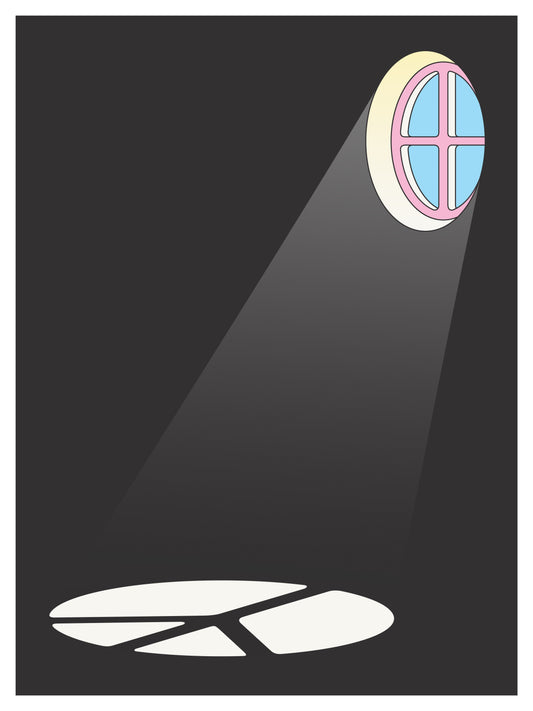 Perspective Correction by Nynke Tynagel – A bold graphic artwork featuring rays of light streaming through a window, forming a peace sign against a deep black background.